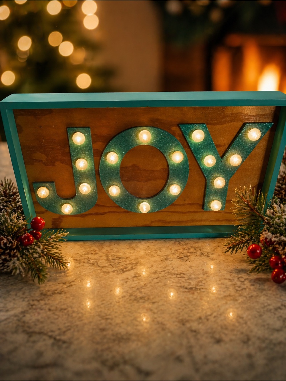 Light Up JOY Sign Coastal Christmas Decor LED Marquee Wood Holiday Table Decor